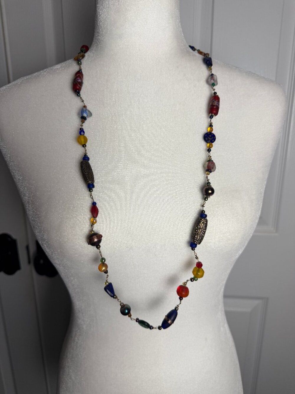 Vintage Colorful Glass Bead and Metal Necklace No Clasp